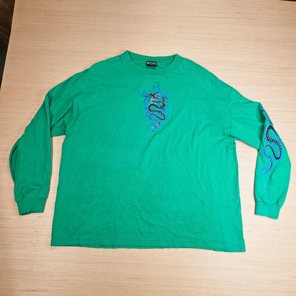Extreme Limit Long Sleeve Shirt Mens XL Green Dragon Blue Flame Graphic Y2K
